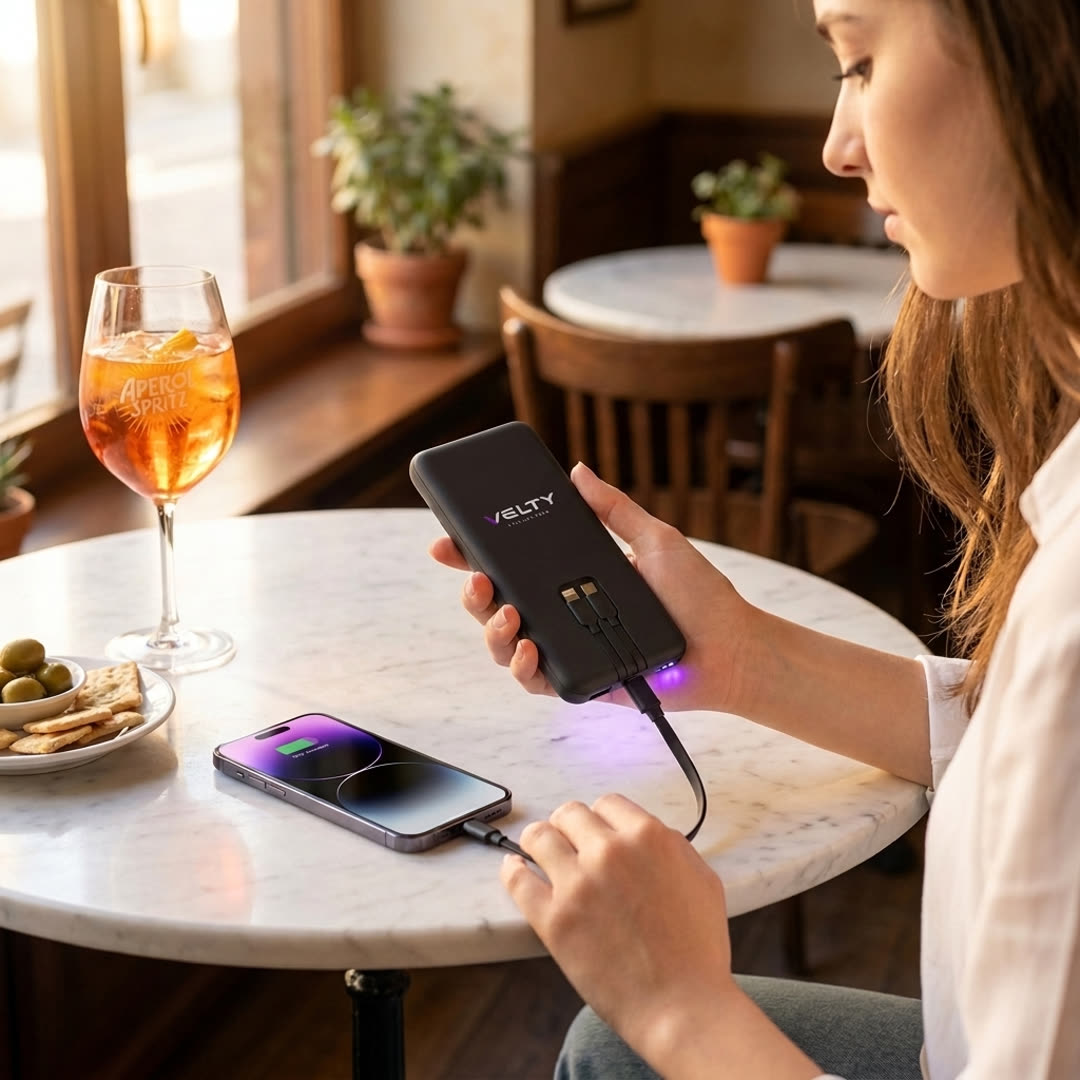 Charging a phone with a VELTY power bank at a café